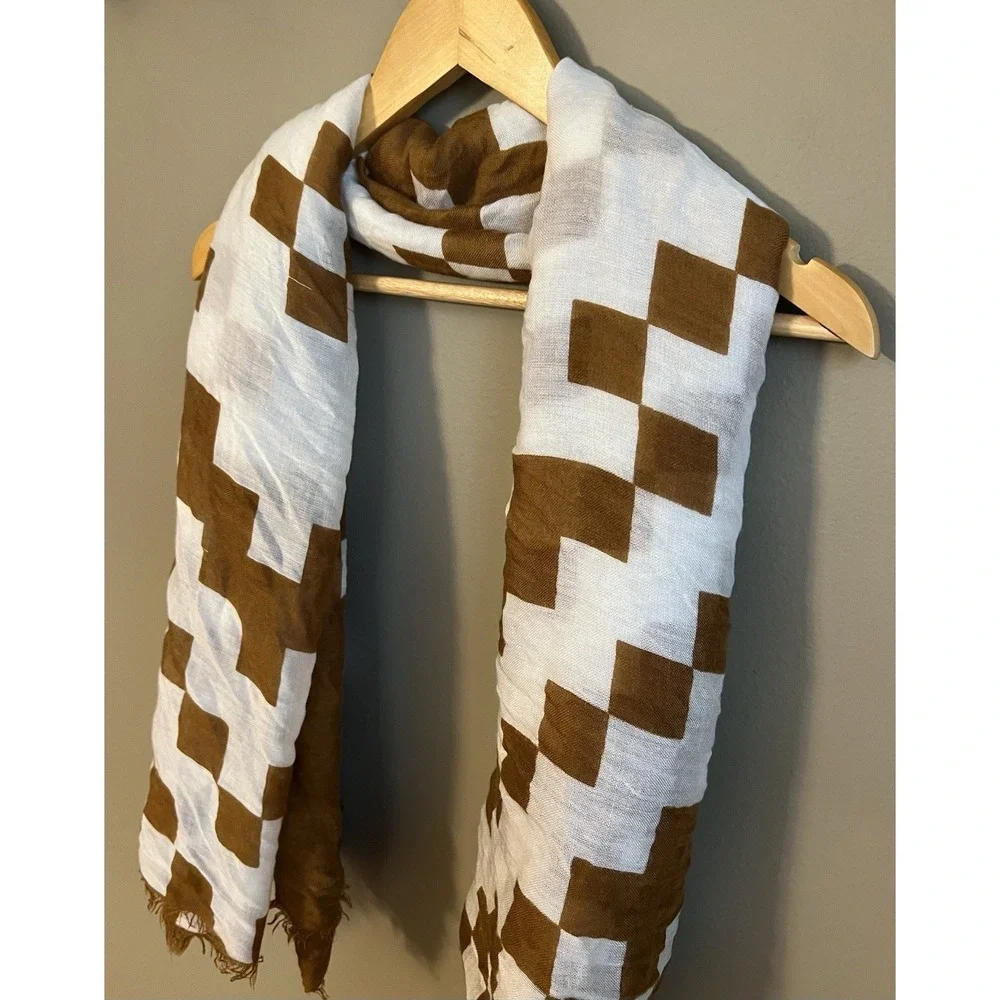 Geometric Diamond Scarf Brown Oversized Gauze Wrap Fringed Lightweight 50x46